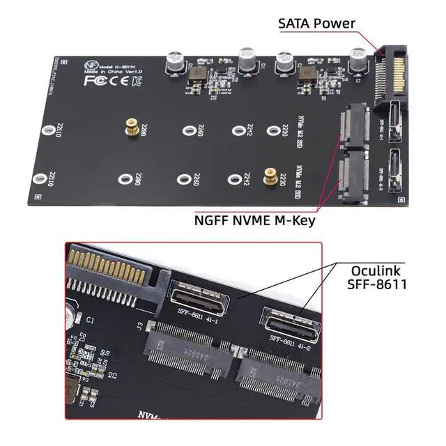 Alt view image 2 of 7 - Dual SFF-8612 SFF-8611 Oculink to M-Key NVME M.2 NGFF PCIe SSD 2280 22110mm Adapter for Mainboard