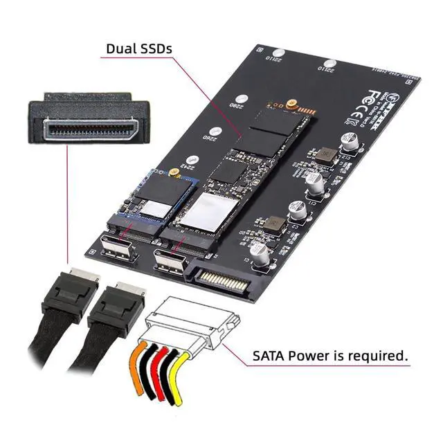 Alt view image 7 of 7 - Dual SFF-8612 SFF-8611 Oculink to M-Key NVME M.2 NGFF PCIe SSD 2280 22110mm Adapter for Mainboard