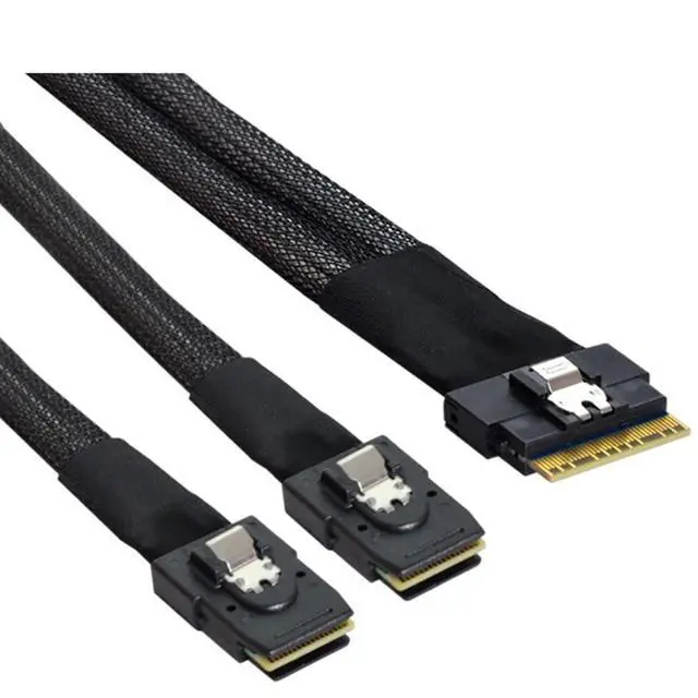 Alt view image 3 of 5 - Slim SAS SFF 8654 8i to Dual Mini SAS 4X 8087 Internal Server Cable 12Gbps High Speed 32AWG Data Transfer Cord, 10 Ohm Impedance (1M)