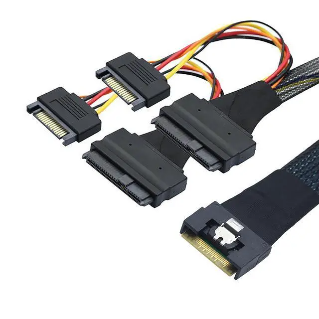 Alt view image 4 of 6 - Slimline SFF-8654 8i to Dual SFF-8639 U.2 + 15-Pin Cable 24Gbps High-Speed Server Interconnect, 85 Ohm Copper Wire (1m)