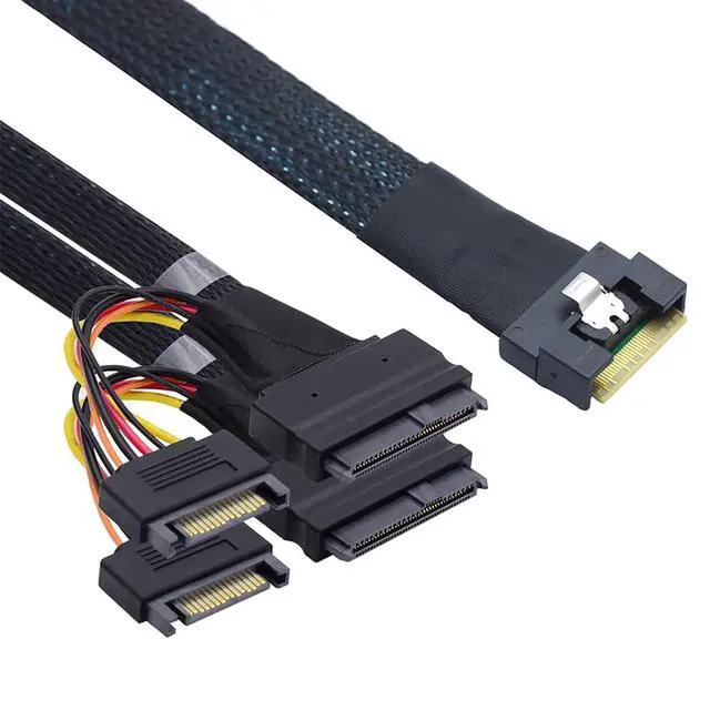 Alt view image 3 of 6 - Slimline SFF-8654 8i to Dual SFF-8639 U.2 + 15-Pin Cable 24Gbps High-Speed Server Interconnect, 85 Ohm Copper Wire (1m)