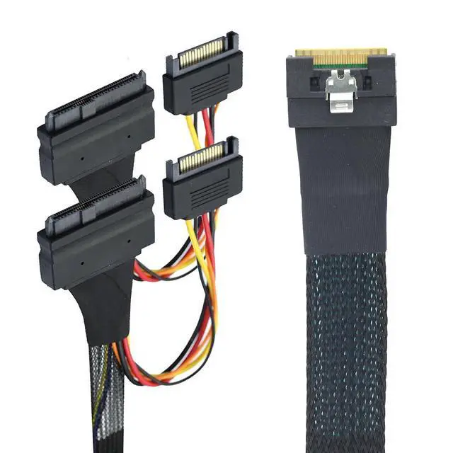 Alt view image 6 of 6 - Slimline SFF-8654 8i to Dual SFF-8639 U.2 + 15-Pin Cable 24Gbps High-Speed Server Interconnect, 85 Ohm Copper Wire (1m)