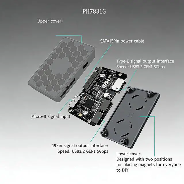 Alt view image 6 of 7 - PH7831G 19 Pin to 19Pin / Type-E Motherboard Internal Header Hub Expansion Adapter 5 Gbps Front Panel USB A and USB C Extension with SATA Power Compact Design (PH7831G)