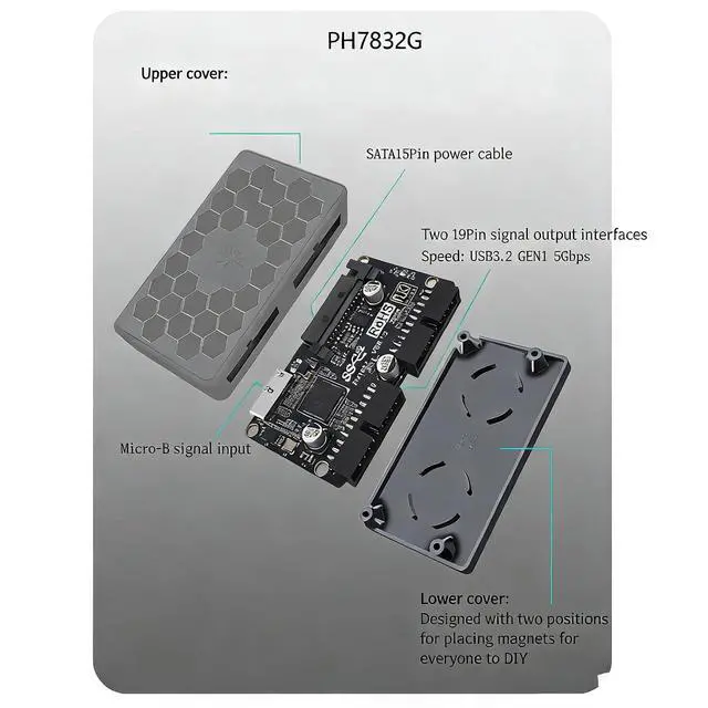 Alt view image 5 of 7 - PH7831G 19 Pin to 19Pin / Type-E Motherboard Internal Header Hub Expansion Adapter 5 Gbps Front Panel USB A and USB C Extension with SATA Power Compact Design (PH7831G)