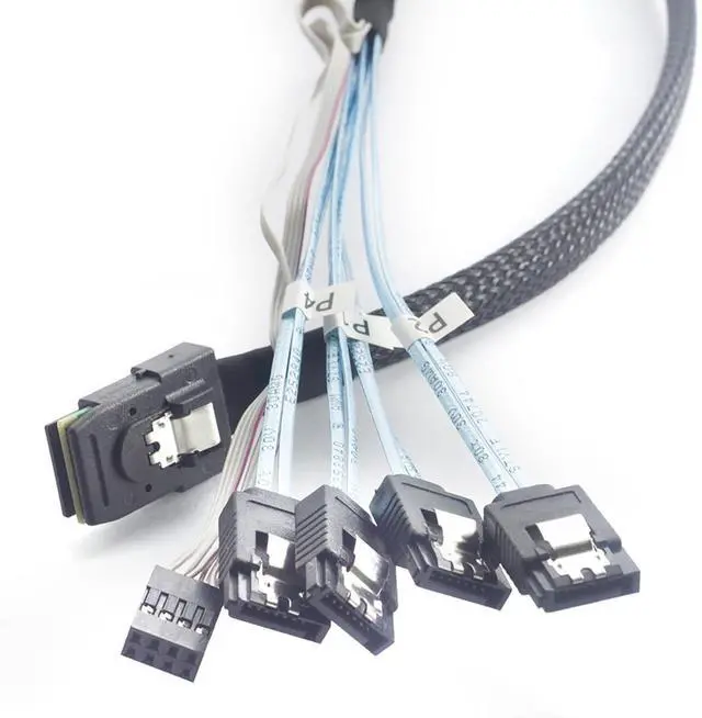 Main image of Mini SAS 8087 to 4* SATA Internal Server Cable with Sideband 12Gbps High Speed 30AWG Copper Data Transfer Cord, 10 Ohm Impedance (1M)