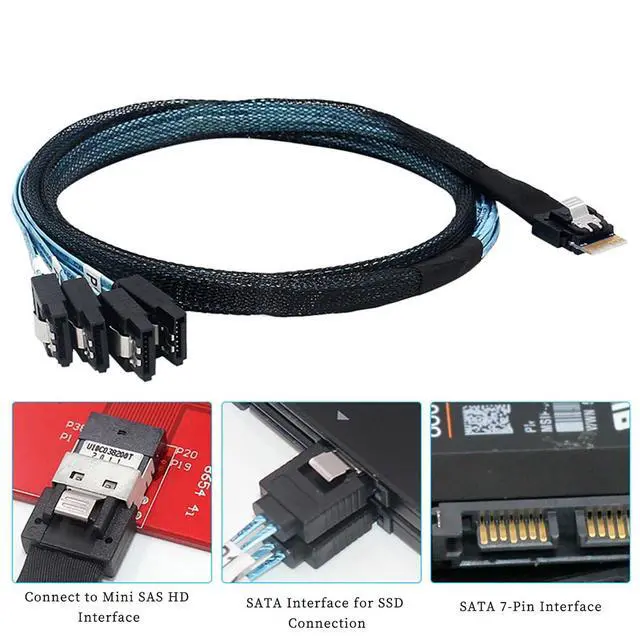 Alt view image 6 of 6 - Slimline SAS SFF-8654 4i 38P to 4X SATA Server Cable 30AWG 10 Ohm High-Speed Internal Flat-to-Flat Connection Cable, Black, 0.5m / 1.0m (0.5M)