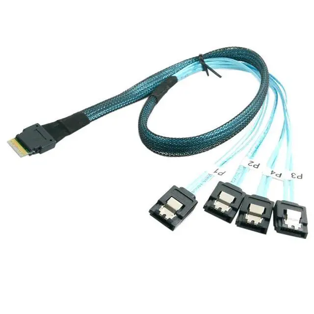 Alt view image 2 of 6 - Slimline SAS SFF-8654 4i 38P to 4X SATA Server Cable 30AWG 10 Ohm High-Speed Internal Flat-to-Flat Connection Cable, Black, 0.5m / 1.0m (0.5M)