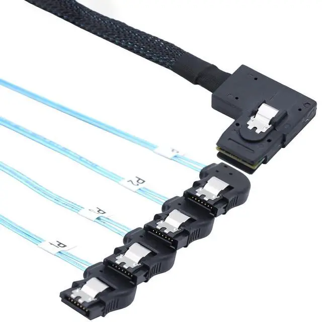 Alt view image 4 of 5 - Mini SAS HD SFF-8087 Right-Angle to 4X SATA 7P Right-Angle Internal Server Cable, 30AWG Copper Harness, 12Gbps High-Speed Data Transfer (0.5M/19.68in)