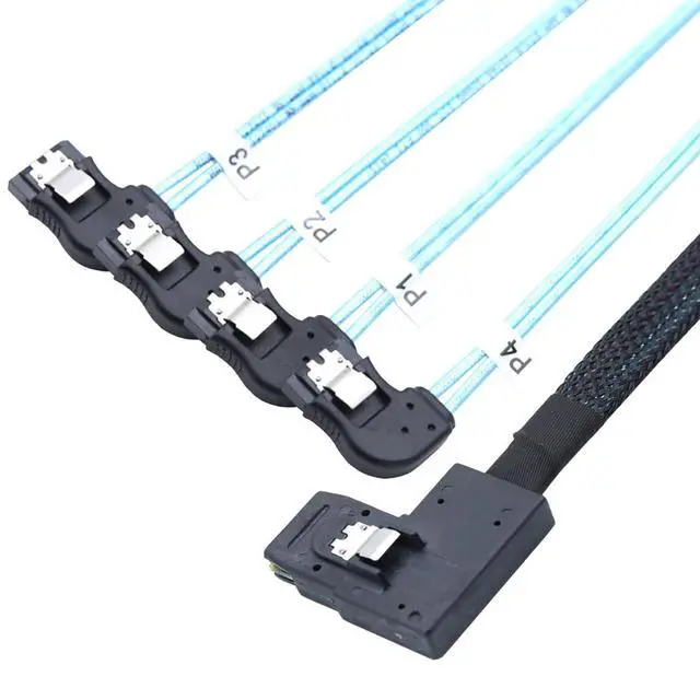 Alt view image 3 of 5 - Mini SAS HD SFF-8087 Right-Angle to 4X SATA 7P Right-Angle Internal Server Cable, 30AWG Copper Harness, 12Gbps High-Speed Data Transfer (0.5M/19.68in)