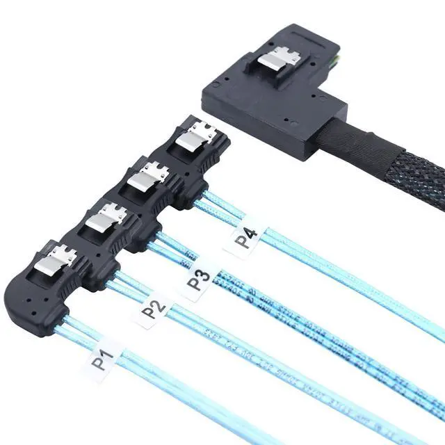 Alt view image 2 of 5 - Mini SAS HD SFF-8087 Right-Angle to 4X SATA 7P Right-Angle Internal Server Cable, 30AWG Copper Harness, 12Gbps High-Speed Data Transfer (0.5M/19.68in)
