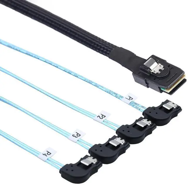 Alt view image 3 of 6 - Mini SAS HD SFF-8087 to 4X SATA Left Angle Internal High Speed Server Cable 12Gbps Breakout Harness (1m/39.37in)
