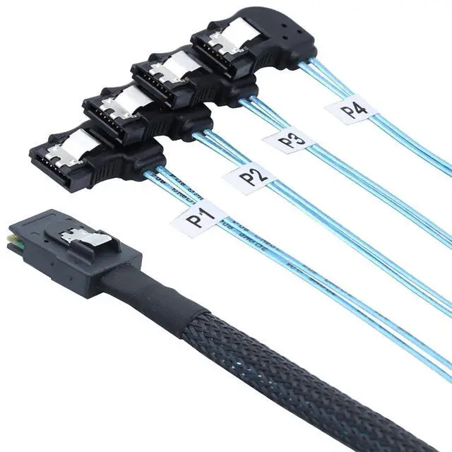 Alt view image 5 of 6 - Mini SAS HD SFF-8087 to 4X SATA Left Angle Internal High Speed Server Cable 12Gbps Breakout Harness (1m/39.37in)