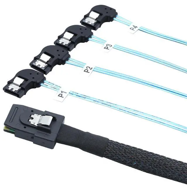 Alt view image 6 of 6 - Mini SAS HD SFF-8087 to 4X SATA Left Angle Internal High Speed Server Cable 12Gbps Breakout Harness (1m/39.37in)