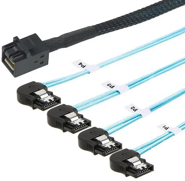 Main image of Mini SAS HD SFF-8643 to 4X SATA Left Angle Internal High Speed Server Cable 30AWG 12Gbps Breakout Harness (1m/39.37in)