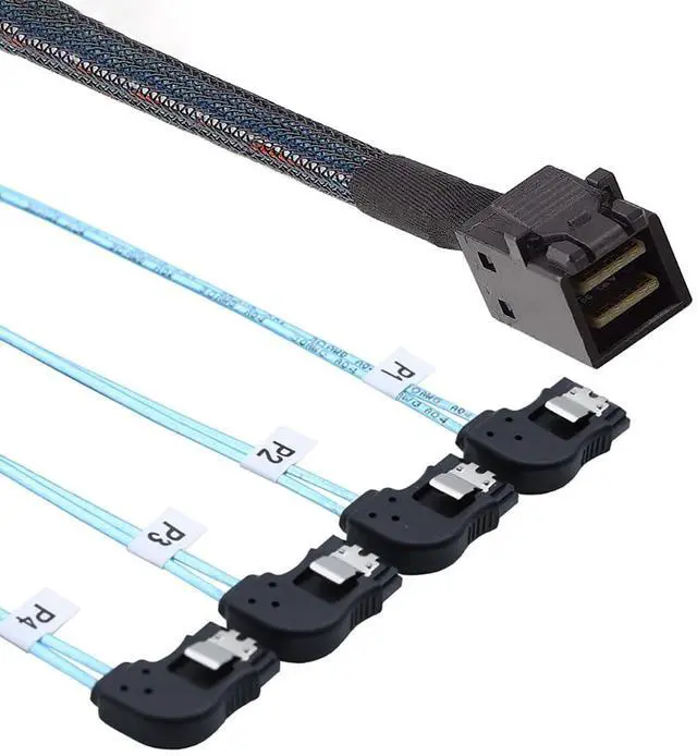 Alt view image 2 of 6 - Mini SAS HD SFF-8643 to 4X SATA Left Angle Internal High Speed Server Cable 30AWG 12Gbps Breakout Harness (1m/39.37in)