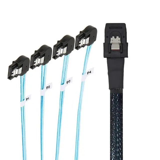 Alt view image 2 of 6 - Mini SAS HD SFF-8087 to 4X SATA Left Angle Internal High Speed Server Cable 12Gbps Breakout Harness (1m/39.37in)