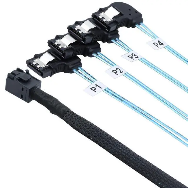 Alt view image 4 of 6 - Mini SAS HD SFF-8643 to 4X SATA Left Angle Internal High Speed Server Cable 30AWG 12Gbps Breakout Harness (1m/39.37in)