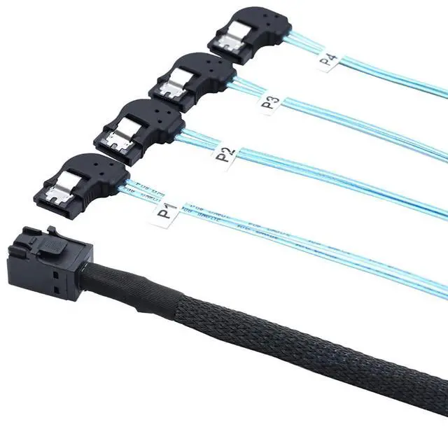 Alt view image 5 of 6 - Mini SAS HD SFF-8643 to 4X SATA Left Angle Internal High Speed Server Cable 30AWG 12Gbps Breakout Harness (1m/39.37in)