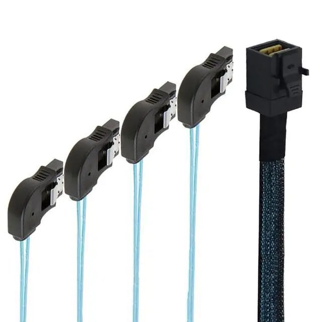 Alt view image 2 of 5 - Mini SAS HD SFF-8643 to 4×SATA Right-Angle Internal High-Speed Server Cable, 30AWG 12G Copper Wire Harness (0.5M/19.68in)