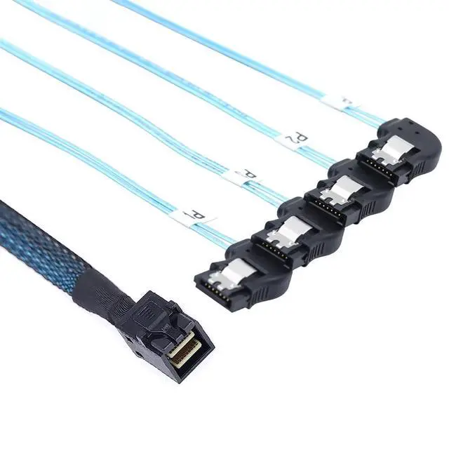 Alt view image 3 of 5 - Mini SAS HD SFF-8643 to 4×SATA Right-Angle Internal High-Speed Server Cable, 30AWG 12G Copper Wire Harness (0.5M/19.68in)