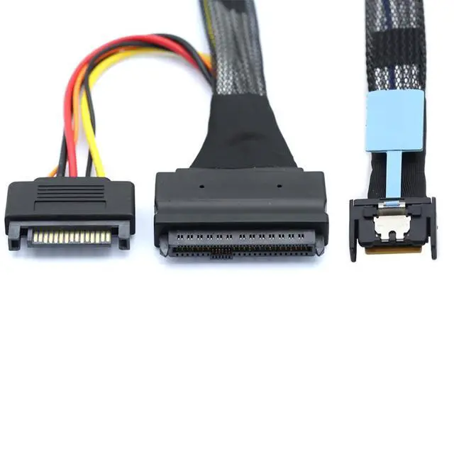 Alt view image 6 of 6 - Gen5 MCIO Slimline SFF-8654 4I to SAS 8639 U.2 Cable with 15P SATA Power, 30G High-Speed Copper Wire Harness (1m/39.37in)