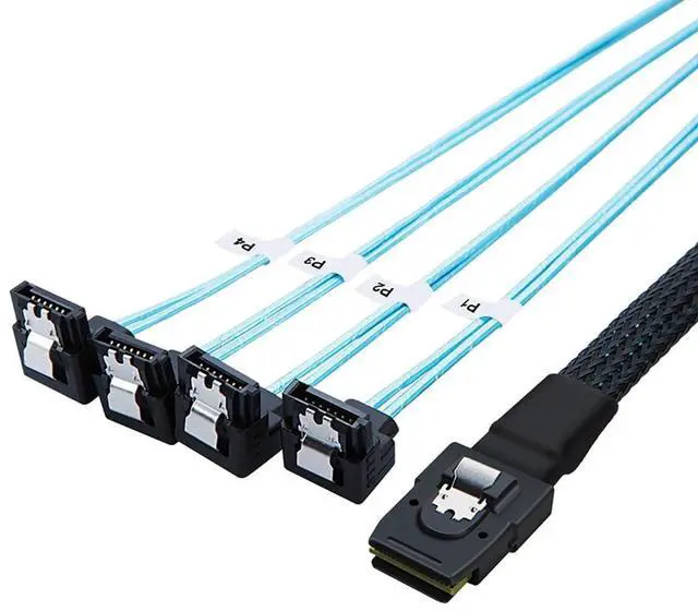 Main image of Mini SAS 8087 to 4X SATA 90 Degree Cable 12Gbps High Speed Internal Server Breakout Cable, 30AWG Low-Loss Wire (1M)