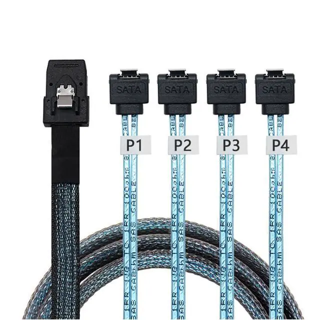 Alt view image 3 of 5 - Mini SAS 8087 to 4X SATA 90 Degree Cable 12Gbps High Speed Internal Server Breakout Cable, 30AWG Low-Loss Wire (1M)