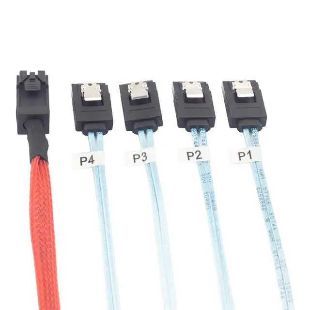 Alt view image 2 of 5 - Mini SAS HD SFF 8643 to 4X SATA Cable 0.5m 1m High Speed 12Gbps Server Connection Wire, Red, 30AWG Copper (0.5m)