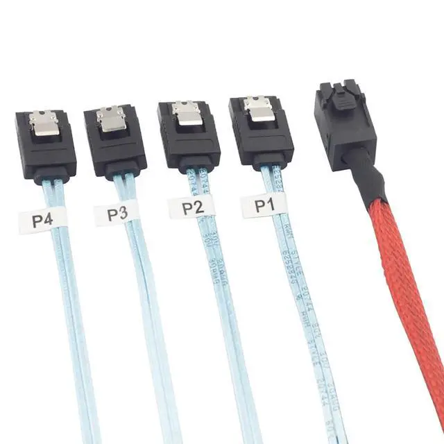 Alt view image 3 of 5 - Mini SAS HD SFF 8643 to 4X SATA Cable 0.5m 1m High Speed 12Gbps Server Connection Wire, Red, 30AWG Copper (0.5m)