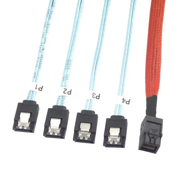 Alt view image 4 of 5 - Mini SAS HD SFF 8643 to 4X SATA Cable 0.5m 1m High Speed 12Gbps Server Connection Wire, Red, 30AWG Copper (0.5m)