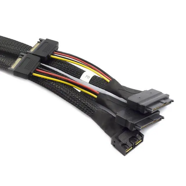Alt view image 4 of 5 - Mini SAS HD 8643 4i to Dual SAS 8639 with SATA 15-Pin Cable 12Gbps High-Speed Server Interconnect, 32AWG Copper Wire (1m)