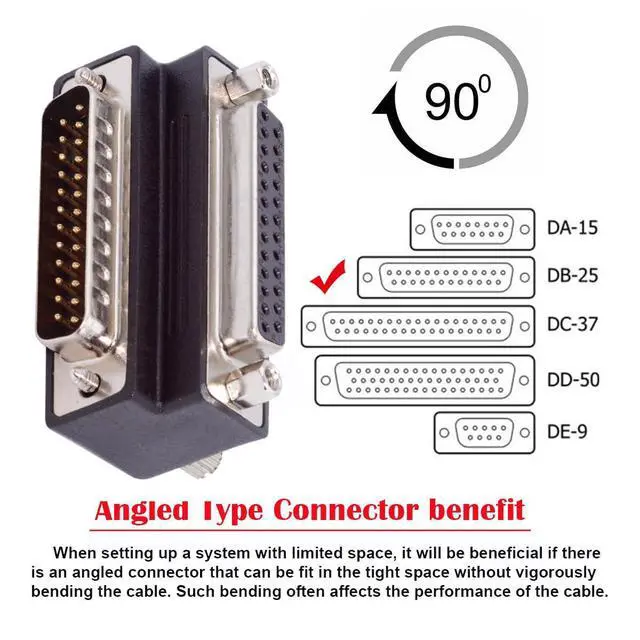 Alt view image 3 of 7 - DB25pin DSUB Parallel LPT AES/EBU DB Connector 90 Degree Down Angled Male Nut to Female Screw Extension Adapter