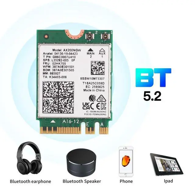 Alt view image 7 of 7 - WiFi 6 AX200 Wireless Card with Bluetooth 5.2, AX3000Mbps for Intel AX200NGW M.2 2230/NGFF Key A+E Module, Compatible with Laptop PC Windows 10/11 64-bit, MU-MIMO, OFDMA, WPA3