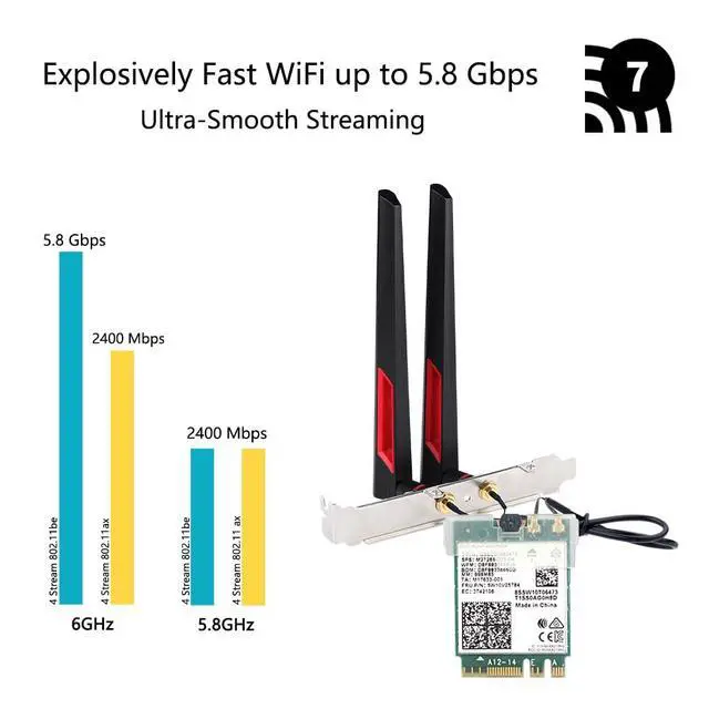 Alt view image 4 of 7 - BE200 WiFi 7 Desktop Kit, 802.11be Tri-Band 6GHz/5GHz/2.4GHz M.2 2230 Key E Wireless Adapter, Bluetooth 5.4, Low Profile Bracket with High-Gain Antennas, Windows 10/11 64-bit