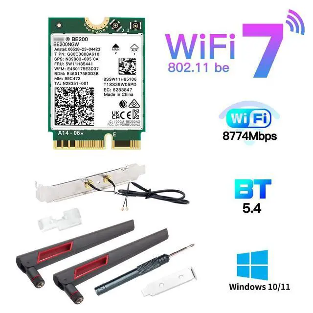 Alt view image 2 of 7 - BE200 WiFi 7 Desktop Kit, 802.11be Tri-Band 6GHz/5GHz/2.4GHz M.2 2230 Key E Wireless Adapter, Bluetooth 5.4, Low Profile Bracket with High-Gain Antennas, Windows 10/11 64-bit