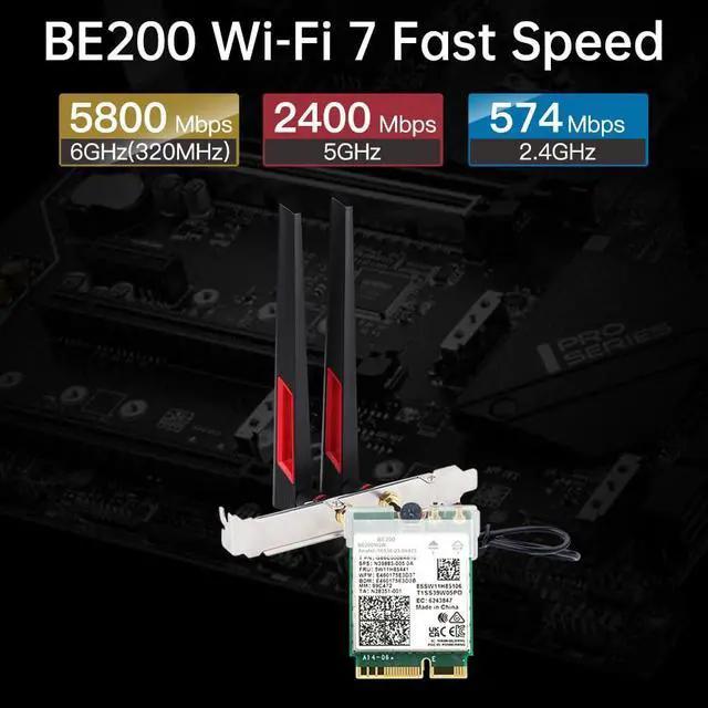 Alt view image 3 of 7 - BE200 WiFi 7 Desktop Kit, 802.11be Tri-Band 6GHz/5GHz/2.4GHz M.2 2230 Key E Wireless Adapter, Bluetooth 5.4, Low Profile Bracket with High-Gain Antennas, Windows 10/11 64-bit