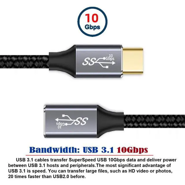 Alt view image 5 of 7 - 10Gbps 100W Male to Female USB 3.1 USB-C Type C Extension Data Cable Straight Connector with Sleeve for Laptop 2M