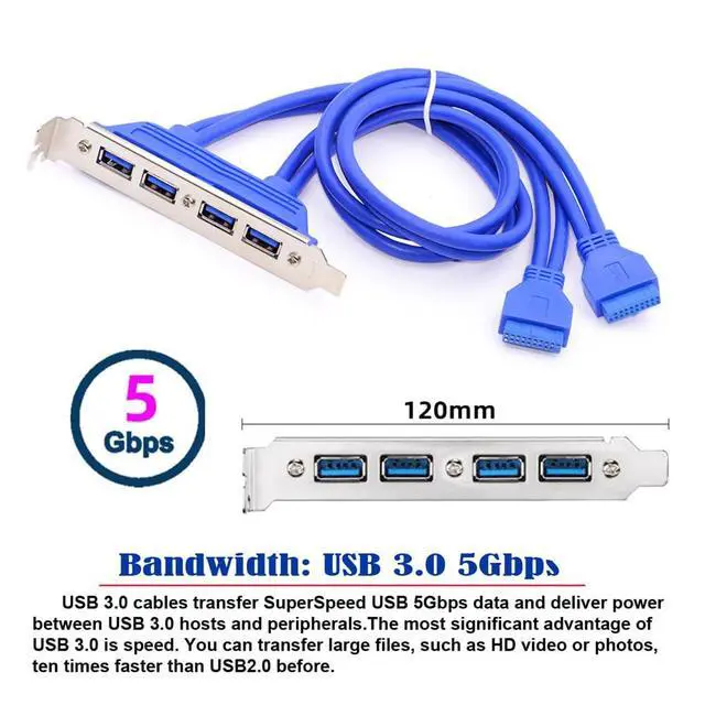 Alt view image 2 of 7 - 5Gbps Four Ports USB 3.0 Internal Female Mount Panel to 20pin Motherboard Baffle Cable with PCI Bracket 50cm