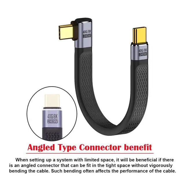 Alt view image 2 of 7 - USB4 40Gbps 240W USB-C Male to Male Type-C 100W 8K Flat Slim FPC Data Right Angled Cable for Laptop Phone 13cm