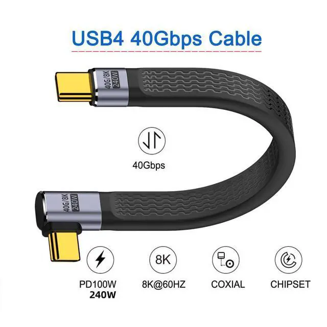 Alt view image 7 of 7 - USB4 40Gbps 240W USB-C Male to Male Type-C 100W 8K Flat Slim FPC Data Right Angled Cable for Laptop Phone 13cm