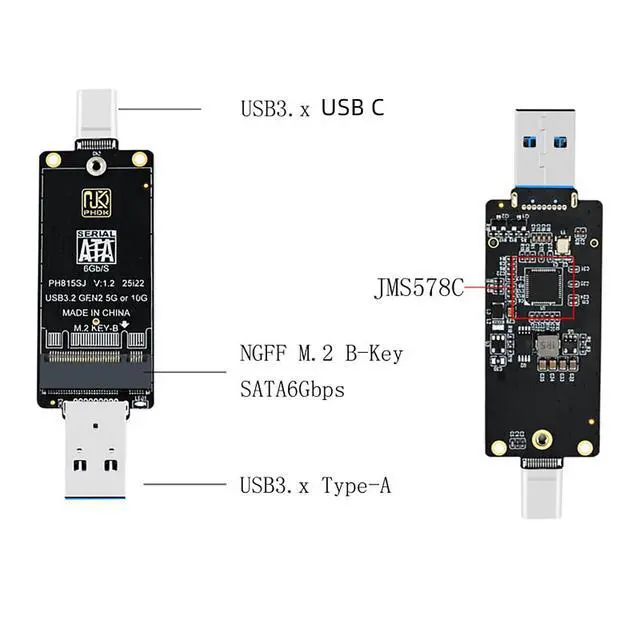 Alt view image 2 of 7 - PH815SJ M.2 SATA NGFF to USB A + USB C Dual-Header Adapter Board 6Gbps, External SSD Converter for B+MKey/B-Key 2242 SATA SSD, No Driver Required, for PC Laptop Phone