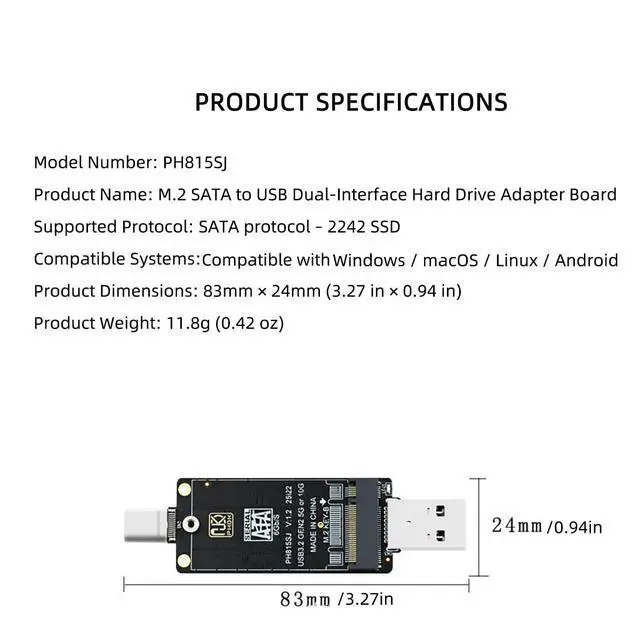 Alt view image 4 of 7 - PH815SJ M.2 SATA NGFF to USB A + USB C Dual-Header Adapter Board 6Gbps, External SSD Converter for B+MKey/B-Key 2242 SATA SSD, No Driver Required, for PC Laptop Phone