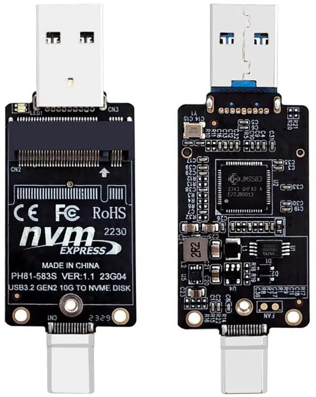 Alt view image 4 of 6 - PH81-583S M.2 to USB-A USB-C Dual-Header Adapter Board 10Gbps with JMS583 Chip Compatible with M.2 NVMe Protocol 2230 SSD Enclosure