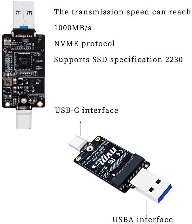 Alt view image 2 of 6 - PH81-583S M.2 to USB-A USB-C Dual-Header Adapter Board 10Gbps with JMS583 Chip Compatible with M.2 NVMe Protocol 2230 SSD Enclosure