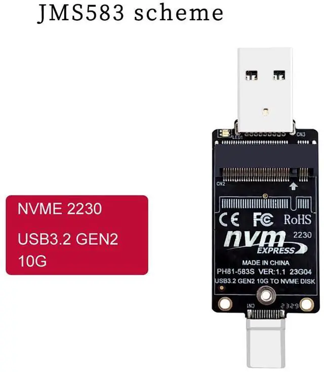 Alt view image 5 of 6 - PH81-583S M.2 to USB-A USB-C Dual-Header Adapter Board 10Gbps with JMS583 Chip Compatible with M.2 NVMe Protocol 2230 SSD Enclosure