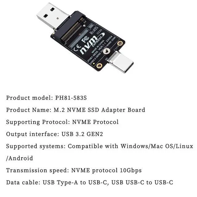 Alt view image 6 of 6 - PH81-583S M.2 to USB-A USB-C Dual-Header Adapter Board 10Gbps with JMS583 Chip Compatible with M.2 NVMe Protocol 2230 SSD Enclosure