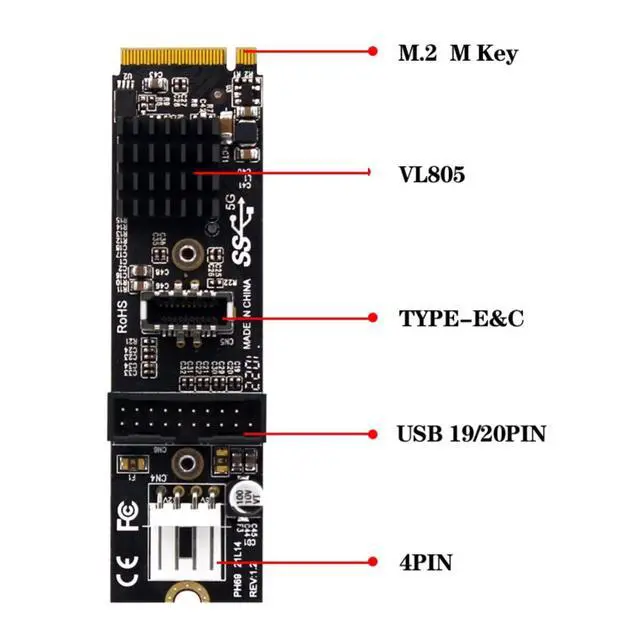 Alt view image 2 of 7 - 5Gbps Type-E USB 3.1 Front Panel Socket & USB 2.0 to NVME NGFF M-Key Express Card VL805 Adapter for Motherboard