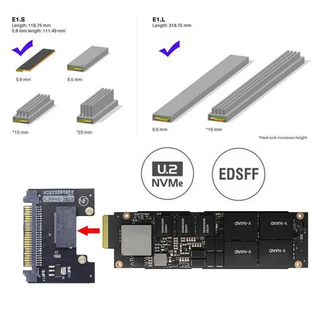 Alt view image 2 of 7 - SFF-8639 U.2 Host Adapter to NVMe Ruler 1U GEN-Z EDSFF Short SSD P4511 E1.S Carrier Adapter