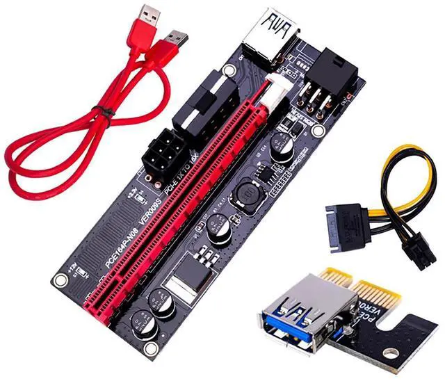 Main image of PCIe 1X to 16X GPU Riser Extension Cable with USB 3.0 PCI Express Riser Adapter, 6 Pin Power for Desktop PC and GPU Vertical Mount (with Red Cable)