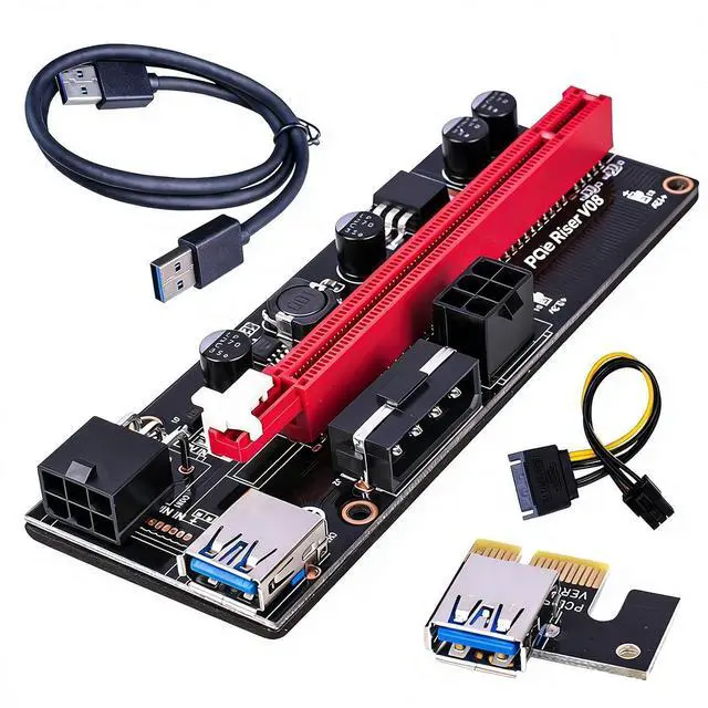 Main image of PCIe 1X to 16X GPU Riser Extension Cable with USB 3.0 PCI Express Riser Adapter, 6 Pin Power for Desktop PC and GPU Vertical Mount (with Black Cable)